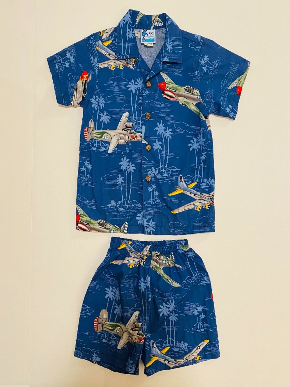 RJC Boys Size 5 Hawaiian Shirt & Shorts Set Airplane Print Made in Hawaii